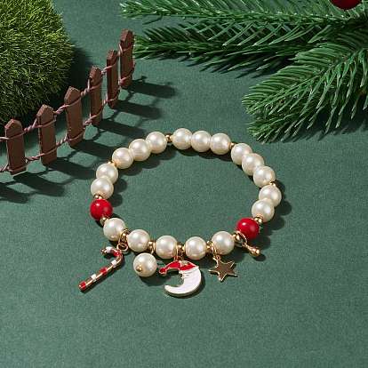 Bracelet extensible en perles de verre et jade mashan naturel, bracelet à breloques canne en bonbon de noël et père noël et étoile pour femme