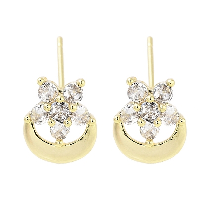 Brass Pave Clear Cubic Zirconia Stud Earring, Moon & Flower