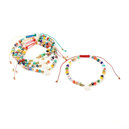 Electroplate Glass Nylon Thread Braided Bead Bracelets for Mom and Daughter, with Natural Shell Beads, Smile