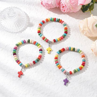 Браслеты с подвесками из синтетических бирюзовых бусин, окрашенных распылением, эластичные браслеты для мужчин и женщин, крестик