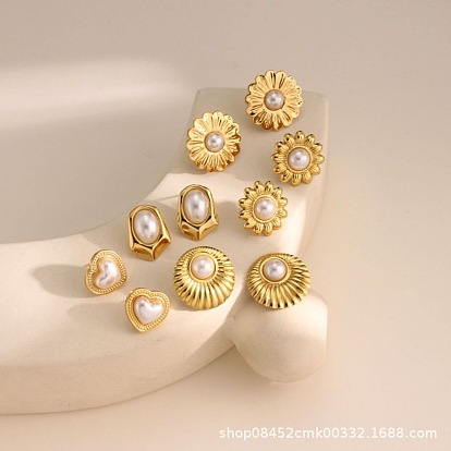 304 Серьги-гвоздики из нержавеющей стали и пластика с жемчугом, золотые