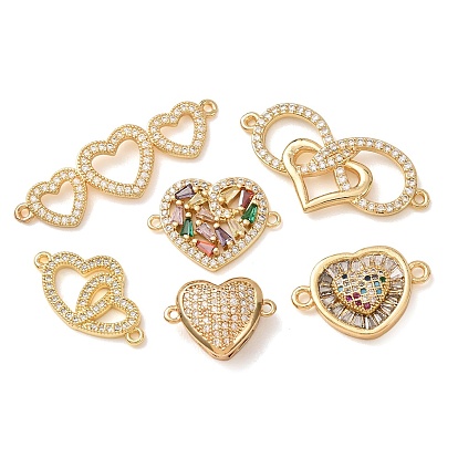 Brass Micro Pave Cubic Zirconia Connector Charms, Heart Links, Rack Plating, Long-Lasting Plated, Cadmium Free & Lead Free
