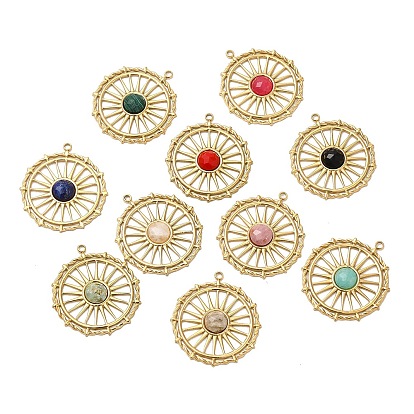 Ion Plating(IP) 316 Stainless Steel Flat Round Pendants, Gemstone Sun Charms, Faceted, Real 24K Gold Plated