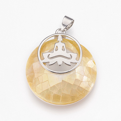 Shell Pendants, with Platinum Tone Brass Findings, Flat Round with Buddha