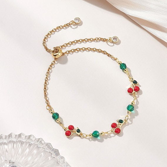 Браслеты из латунных эмалевых звеньев с вишней, 304 браслеты-слайдеры из нержавеющей стали с цепочкой