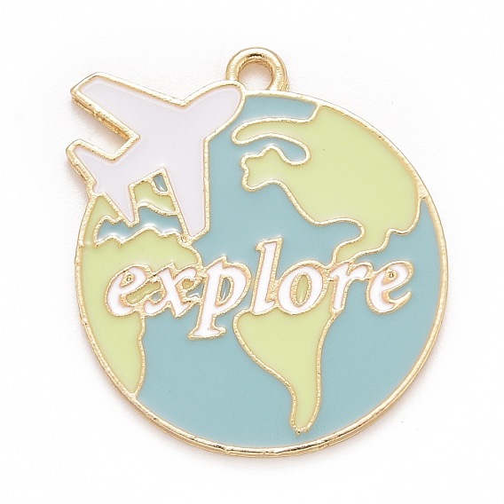 Alloy Enamel Pendants, Plane with Earth & Word Explore, Light Gold