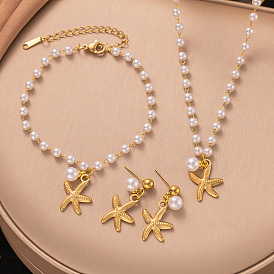 Богемный стиль 304 браслеты из нержавеющей стали и пластика с жемчужными подвесками, Браслеты-цепочки с шариковыми звеньями для женщин, морская звезда