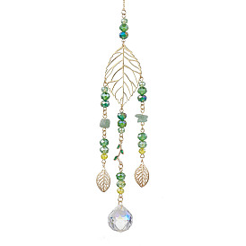 Brass Hollow Leaf Hanging Ornaments, Glass & Natural Green Aventurine Chip Tassels for Home Garden Decorations