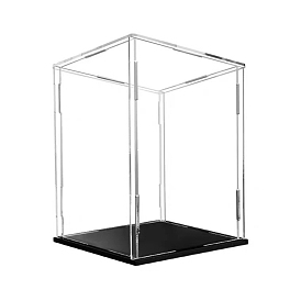 Assembled Transparent Acrylic Display Boxes, Figurine Storage Box, with Rubber Rings and Black Base, Cuboid