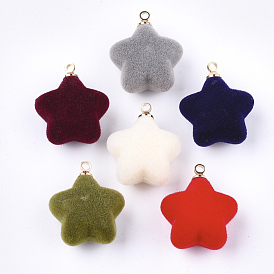 Flocky Acrylic Pendants, with Brass Findings, Star, Golden