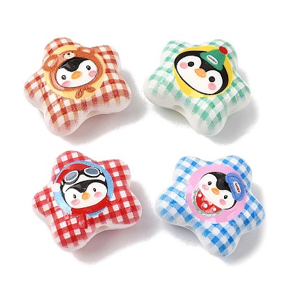 Печатные непрозрачные акриловые бусины, тартановая звезда с пингвином