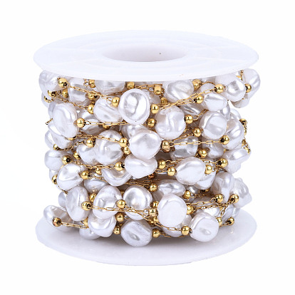 ABS Plastic Pearl Flat Round Beaded Chains, with Golden 316 Stainless Steel Paperclip Chains, Soldered, with Spool