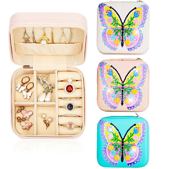 Imitation Leather Butterfly Diamond Jewelry Box Sets, DIY Handmade Portable Diamond Sticking Fashion Jewelry Box, Include Diamond Pack, Diamond Material Pack Pen, Diamond Tray, Clay Glue