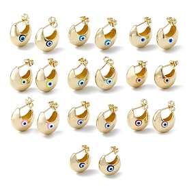 Enamel Crescent Moon with Evil Eye Stud Earrings, Real 18K Gold Plated Brass Half Hoop Earrings for Women