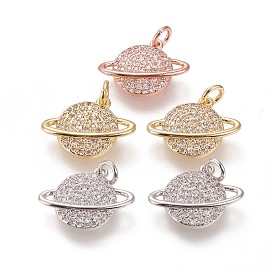 Brass Micro Pave Clear Cubic Zirconia Pendants, Long-Lasting Plated, with Jump Rings, Planet