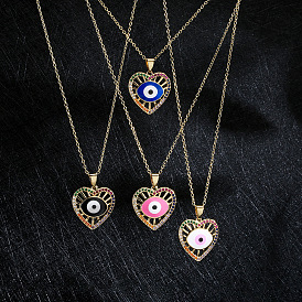 Vintage Lucky Heart Oil Demon Eye Pendant Necklace for Women with Copper Plating 18K Gold and Colorful Zirconia Stones