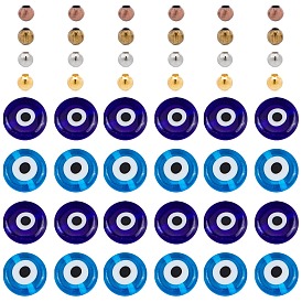 Handmade Evil Eye Lampwork Flat Round Beads Strands, with Iron Spacer Round Beads