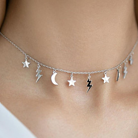 Rhodium Plated 925 Sterling Silver Star Moon Lightning Flowing Pendant Bib Necklaces