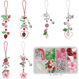 Kits de fabrication de lanières pour téléphone portable avec nœud papillon fraise et fleur à faire soi-même, y compris les perles de verre, pendentif en résine