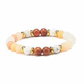Bracelet extensible perles rondes en aventurine naturelle et bois, bijoux en pierres précieuses pour femmes