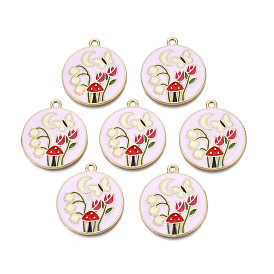 Emaille Anhänger Legierung, Cadmiumfrei und Nickel frei und Bleifrei, Licht Gold, flach rund mit Tulpe