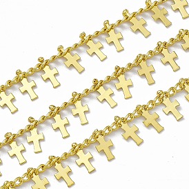 Handmade Brass Curb Chains, with Cross  Charms, Soldered, with Spool