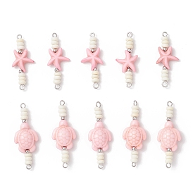 10Pcs 2 Styles Dyed Synthetic Turquoise Starfish Turtle Rondelle Beaded Connector Charms, with 304 Stainless Steel Double Loops, Pink
