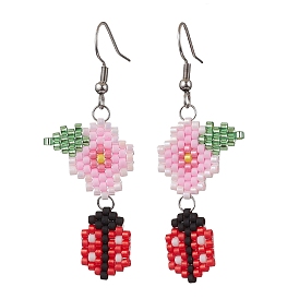 Handmade Glass Seed Beads Dangle Earrings, Flower & Ladybird, Stainless Steel Color