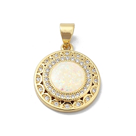Brass Micro Pave Clear Cubic Zirconia Pendants, with Sythetic Opal, Flat Round