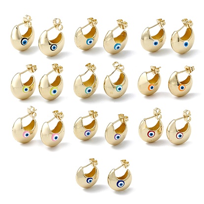 Enamel Crescent Moon with Evil Eye Stud Earrings, Real 18K Gold Plated Brass Half Hoop Earrings for Women