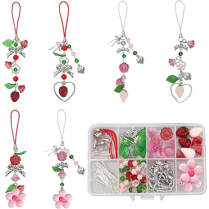 Kits de fabrication de lanières pour téléphone portable avec nœud papillon fraise et fleur à faire soi-même, y compris les perles de verre, pendentif en résine