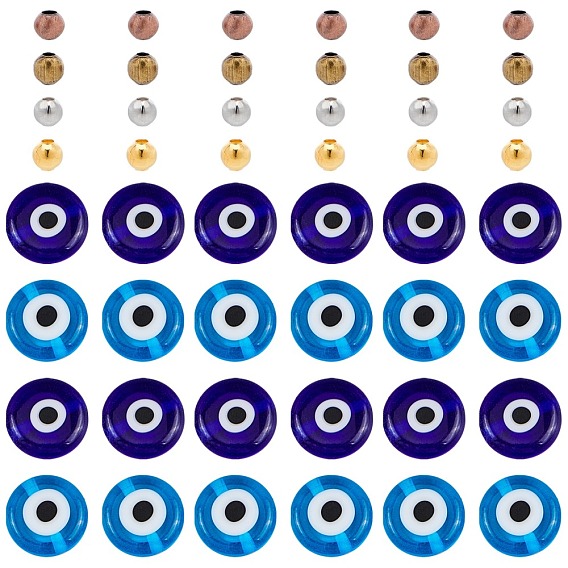 Handmade Evil Eye Lampwork Flat Round Beads Strands, with Iron Spacer Round Beads
