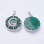 Gemstone Pendants, with Brass Findings, Flat Round with Sun & Moon, Platinum
