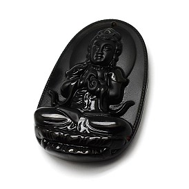 Bijoux bouddhistes obsidienne naturelle grand camée pendentifs bouddha, 62x40x12mm, Trou: 1mm