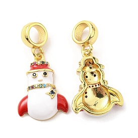 Real 18K Gold Plated Brass Micro Pave Cubic Zirconia Pendents, with Enamel, Lead Free & Cadmium Free, Christmas Snowman
