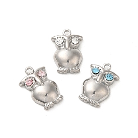 304 Stainless Steel Pendants, with Rhinestone, Owl Charms
