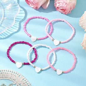 5Pcs 5 Colors Glass Seed Beaded Stretch Bracelet Sets, with Natural Freshwater Shell Beads, Stackable Bracelets, Haert