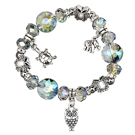 Glass Round & Butterfly Beaded Stretch Bracelet, Alloy Owl & Elephant & Tortoise Charms Animal Theme Bracelet for Women