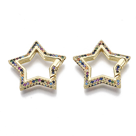 Brass Micro Pave Cubic Zirconia Spring Gate Rings, Nickel Free, Star, Real 16K Gold Plated