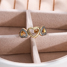 Brass Micro Pave Clear Cubic Zirconia Cuff Finger Rings for Women, Heart