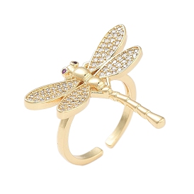 Rack Plating Dragonfly Brass Micro Pave Cubic Zirconia Open Cuff Rings for Women, Cadmium Free & Lead Free, Long-Lasting Plated