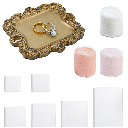 6шт. 6 размеры прозрачные акриловые подставки для демонстрации, квадрат и прямоугольник, с 3 рулонами 3 разноцветной полиэстерной лентой с необработанными краями и 1 шт. винтажных прямоугольных декоративных элементов из смолы для подносов., реквизит для фотосессий ювелирных изделий