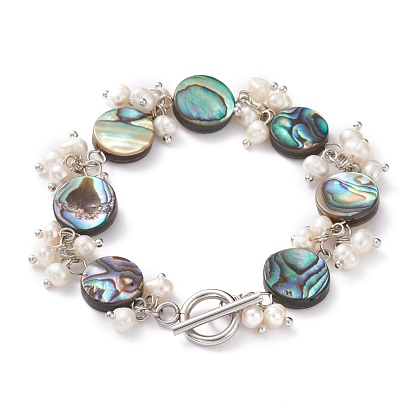 Flat Round Natural Abalone Shell/Paua Shell Beaded Bracelets, with Natural Pearl Beads and 304 Stainless Steel Toggle Clasps