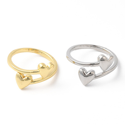 Rack Plating Brass Double Heart Cuff Rings, Lead Free & Cadmium Free
