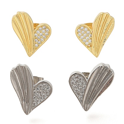 Серьги-гвоздики с прозрачным паве из латуни с кубическим цирконием, сердце, слева и справа