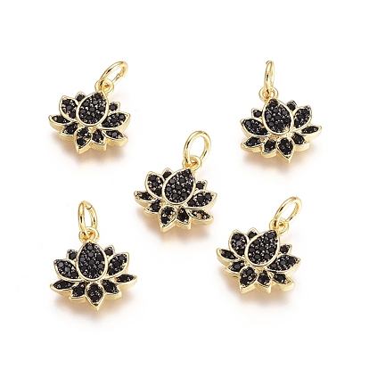 Brass Micro Pave Cubic Zirconia Charms, with Jump Rings, Lotus, Black