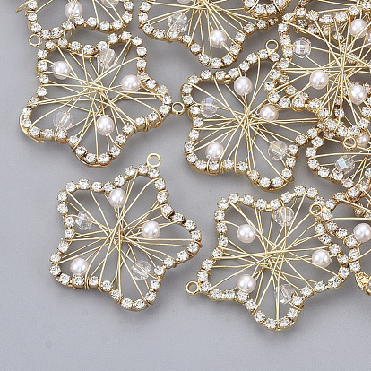 Rhinestone Pendants, with ABS Plastic Imitation Pearl and Glass Beads, Real 18K Gold Plated Brass Findings, Nickel Free, Star
