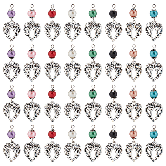 32 шт 8 цвета подвески из сплава в тибетском стиле, с абс бисера, крыло