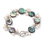 Flat Round Natural Abalone Shell/Paua Shell Beaded Bracelets, with Natural Pearl Beads and 304 Stainless Steel Toggle Clasps