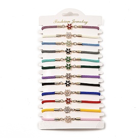 12Pcs 12 Colors Polyester Bracelets, Glass Links & Brass Micro Pave Cubic Zirconia Findings for Women, Flower